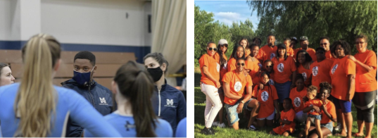 Tyler Simmons coaching the Women's Volleyball team in one photo, and sitting at a family gathering in another photo