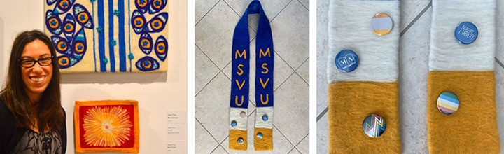 A collage of photos: one photo of Megan Pegg, one of the stole, and one of the button pins on the stole