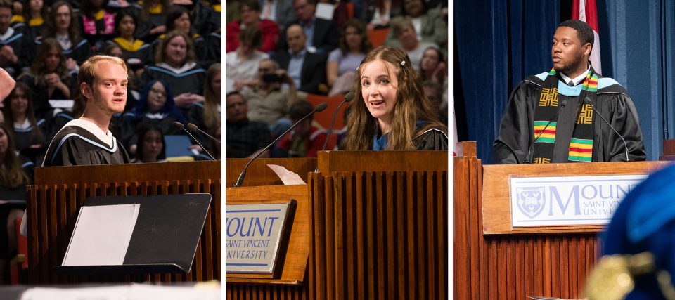 The 3 MSVU Valedictorians for the Spring 2023 Convocation. From left to right: Michael Gillis, Bachelor of Arts (English and Political Studies), Cheyenne Hardy, Bachelor of Arts (Child and Youth Study), Tyler Simmons, Bachelor of Education (Elementary)