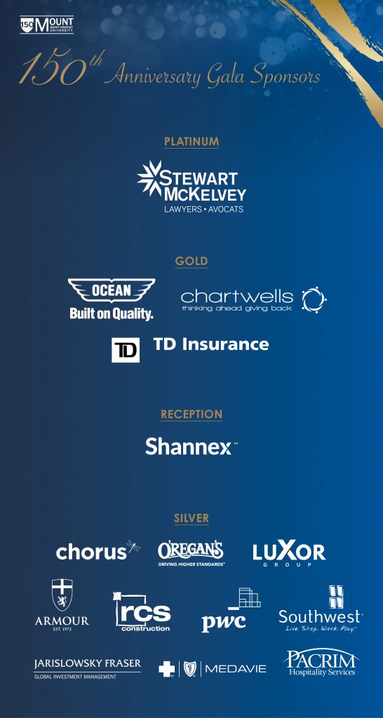 The current list of MSVU 150 Sponsors: PLATINUM Stewart McKelvey GOLD Ocean and Chartwells and TD Insurance RECEPTION Shannex SILVER Chorus and RCS Construction and Armour and O'regan's and Southwest and Luxor Group and Jarislowsky Fraser and Medavie and PricewaterhouseCoopers and Pacrim Hospitality