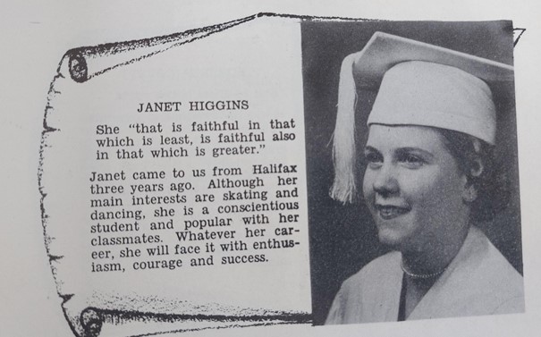 A biography of Janet Drapeau (written as Janet Higgins in the write-up). The text reads "She 'that is faithful in that which is least, is faithful also in that which is greater.'"