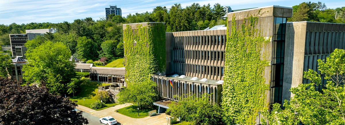 Drone photo of the Seton Education Centre and the lush green MSVU campus