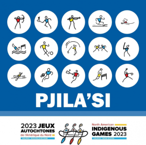 The North American Indigenous Games logo, there are various pictures showing people performing various sports, with the word "Pjila'si" below the images