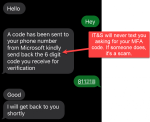 SMS phishing, or smishing, example image asking for an MFA code