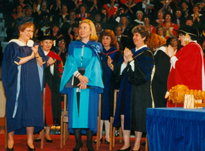 Hillary Clinton standing on stage at the MSVU Convocation