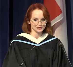 Sophia Godsoe, speaking as the valedictorian for the 2023 Fall Convocation ceremonies