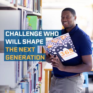 Tyler Simmons holding a children's book in a library with the text "Challenge who will shape the next generation" beside him