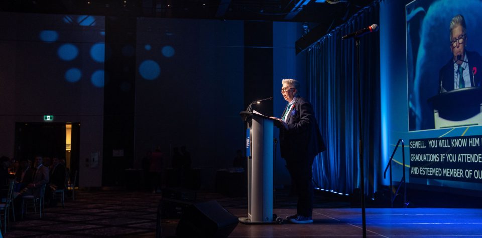 Dr Joël Dickinson speaking to attendees at the MSVU 150 gala