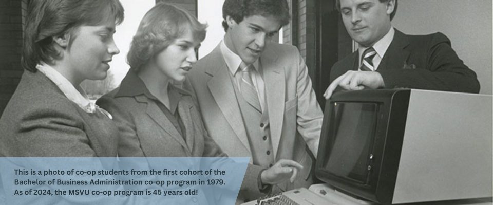 This is a photo of co-op students from the first cohort of the Bachelor of Business Administration co-op program in 1979.