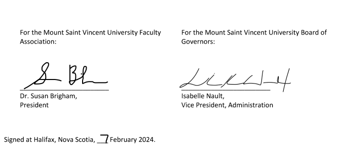 The signatures for the Mount Saint Vincent University Faculty Association, Dr. Susan Brigham, President, and For the Mount Saint Vincent University Board of Governors, Isabelle Nault, Vice President, Administration. The strike Protocol was signed on February 7, 2024