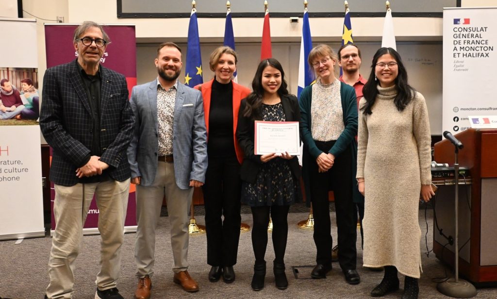 From left to right: Dr. Larry Steele (professor), Kevin Hudon (Modern Languages student), Dr. Alexandra Tsedryk (professor), Olivia Bazot (award winner and Modern Languages student), Dr. Juliette Valcke (professor), Enzo Le Doze (Language Lab Supervisor), Emily Maddigan (former Modern Languages student and current BEd student)