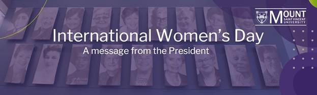 The Women's Wall of Honour, colored with a purple gradient. There's text on top of the graphic which says, "International Women's Day. A message from the President."
