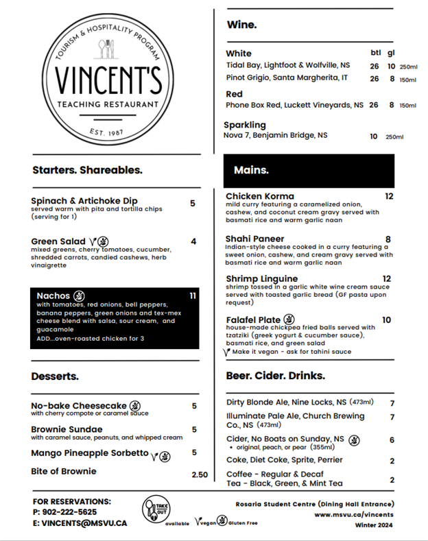 Vincent's Restaurant menu