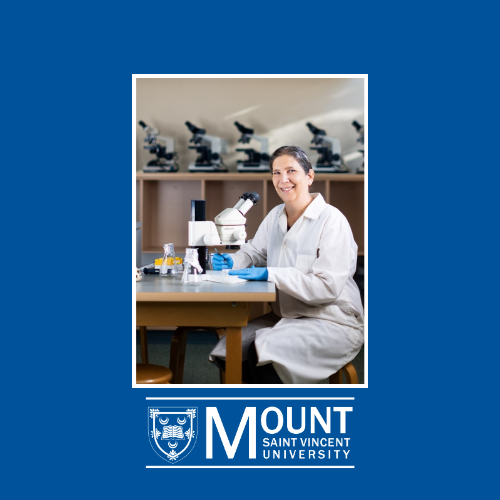 Dr. Tamara Franz-Odendaal sitting down beside a microscope doing lab work. Below the photo is the MSVU logo on a blue background.