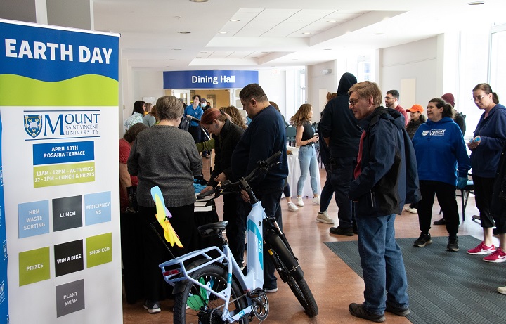 Various stalls set up in the Rosaria Student Centre for Earth Day 2023