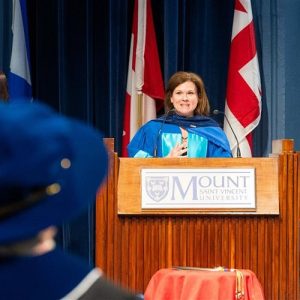 Dr. Stephanie Scott giving her Doctor of Humane Letters, honoris causa, speech at the Spring 2025 Convocation Ceremony