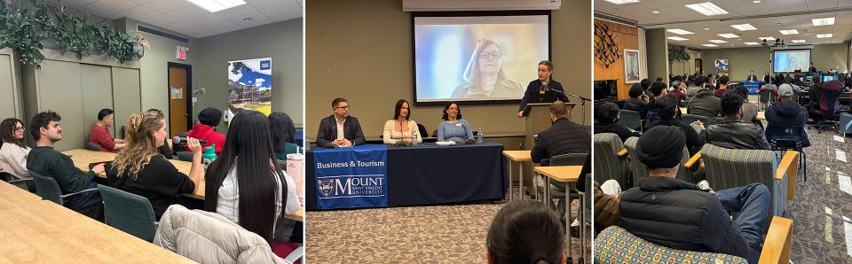 Business and Tourism departments accreditation professional designation panel session on March 18 2026. This is three photos of the students and panelists engaged in the session.