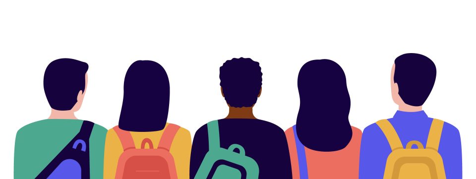 Illustration of five students with backpacks, viewed from behind, symbolizing diversity and education.
