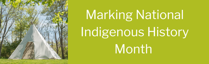 The MSVU Wikuom to the left of the text "marking National Indigenous History Month" on a green background