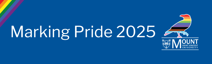 A Crow, in rainbow colours, on top of the MSVU logo. To the left is the text "Marking Pride 2025"