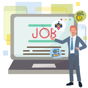 "Illustration of a professional man in a suit pointing to a computer screen displaying the word 'JOB' in large red letters. Surrounding the screen are speech bubbles showing icons for job location, salary or compensation, and time management or productivity. Background includes overlapping translucent windows, suggesting a digital or online job search environment.