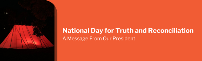 At left, a photo of the Wikuom at MSVU lit orange from the inside at night and at right the words “National Day for Truth and Reconciliation” in white on an orange background