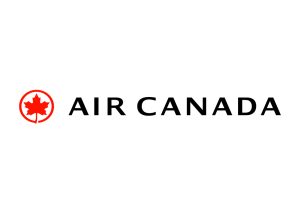 Air Canada logo. A red maple leaf inside a white circle with a red boarder beside the upper case words in black Air Canada.