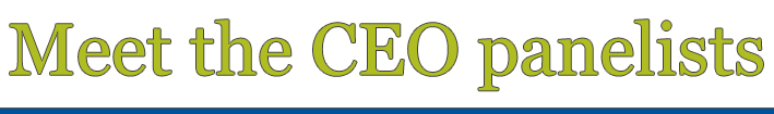 Green words over a blue line saying Meet the CEO panelists.