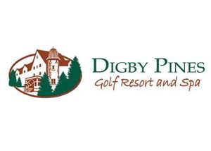 Digby Pines logo. Logo says, on the right in green, Digby Pines. Under this in brown it says Golf Resort and Spa. On the left is a castle type building in a brown circle with 4 green pine trees around it. logo symbolizes a historic, upscale coastal getaway,, reflecting its location in Digby, Nova Scotia overlooking the Bay of Fundy. It embodies the resort's 1929 heritage as a premier Nova Scotian destination, known for its,, classic, "pine-tree" surrounded architecture, and championship golf.
