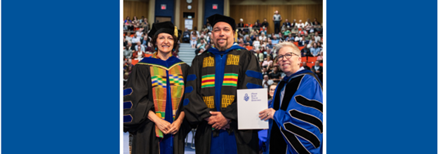 Martin Morrison, on the MSVU stage receiving his PhD degree beside Susan Brigham and Joël Dickinson