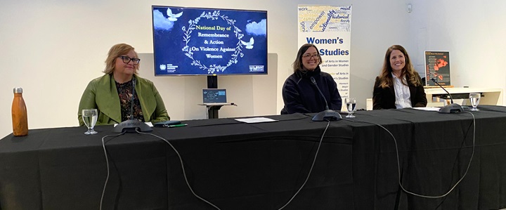 The two presenters, and the moderator, for the National Day of Remembrance and Action event at MSVU