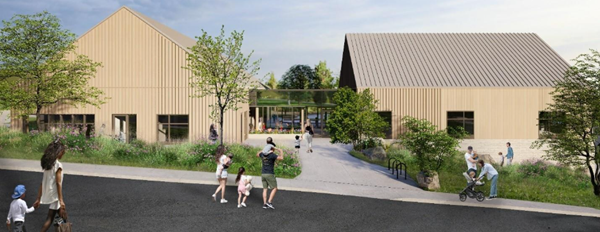 A mock-up design of the New Child Study Centre, featuring a beige pair of buildings