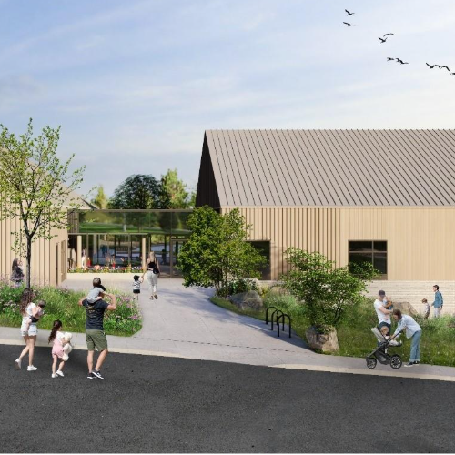 A mock-up design of the New Child Study Centre, featuring a beige pair of buildings