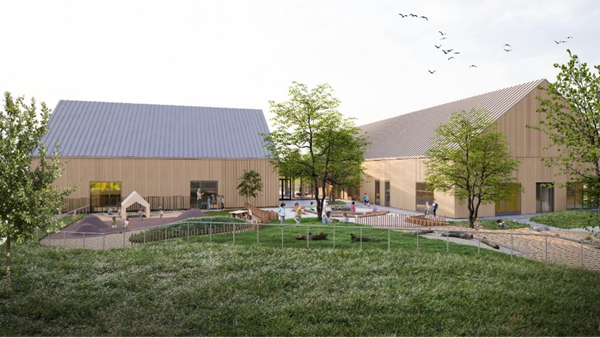 A mock-up of the rear view of the new child study centre, featuring a large outdoor play area