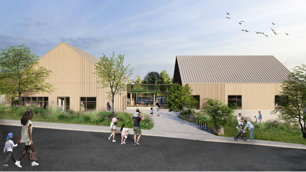 A mock-up design of the New Child Study Centre, featuring a beige pair of buildings