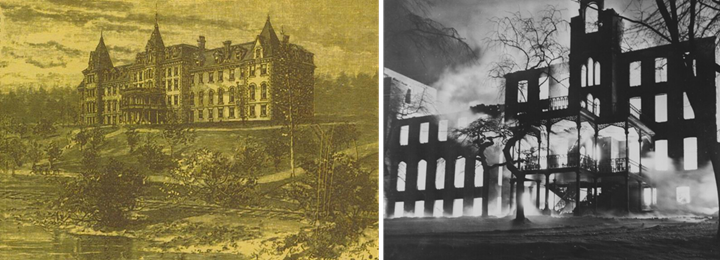 On the left, a sepia photo of the main Mount Saint Vincent building. On the right, the Mount Saint Vincent building on fire in 1951