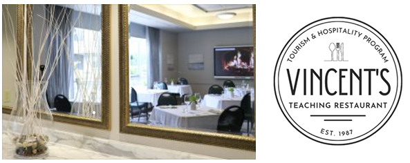 The interior view of the Vincents Restaurant. To the right is the Vincents Restaurant logo, with "Tourism and Hospitality Program" at the top of the logo in an arch.