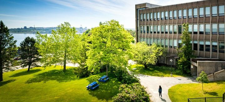 An exterior photo of Seton, overlooking the Art Gallery entrance and the waterfront