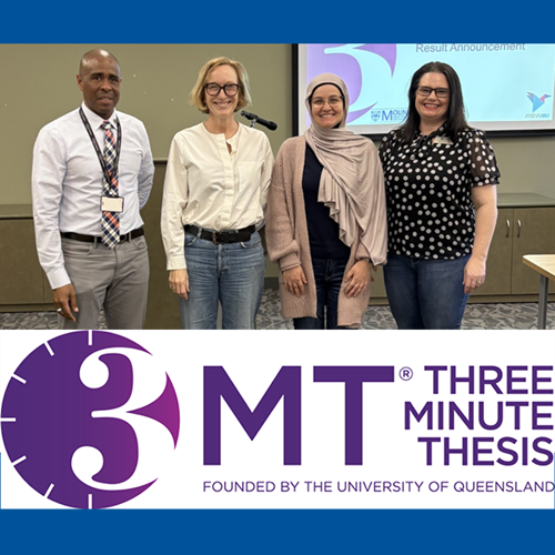 Dina Sallam, the 3 Minute Thesis competition winner, standing beside the judges. Below the photo is the 3 minute thesis logo
