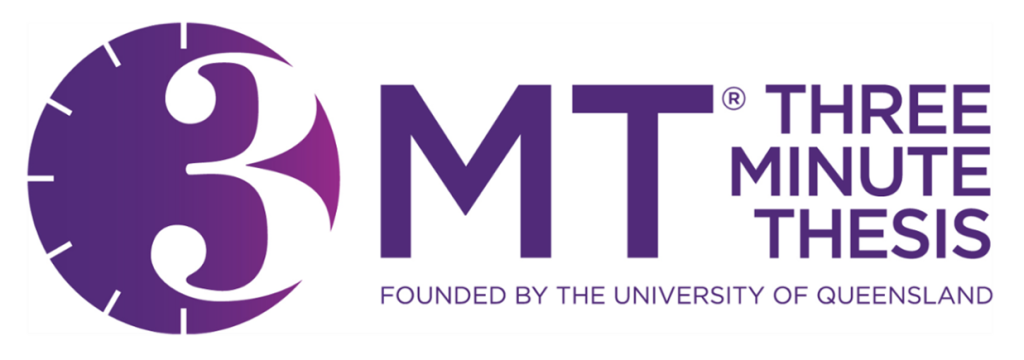 The Three minute thesis Logo. Featuring a purple clock with the number 3 in it