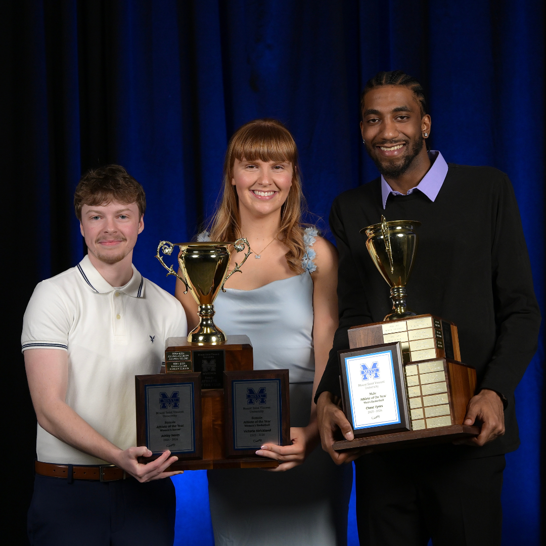 Mount Saint Vincent University Mystics Athletes of the Year Ashley Neves, Victoria Strickland, and Chase Tynes