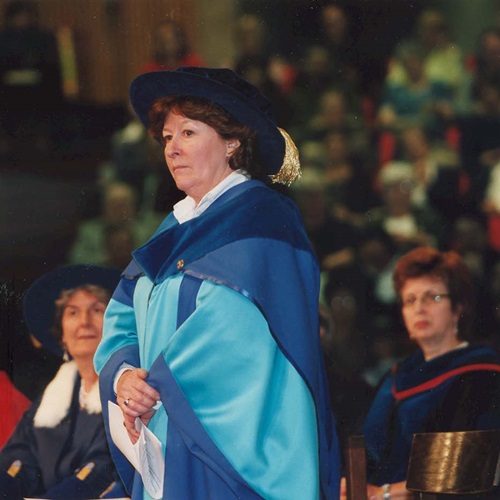Louise Arbour, CC, receiving her Honorary Degree in 2001. Louise is wearing a light blue robe.