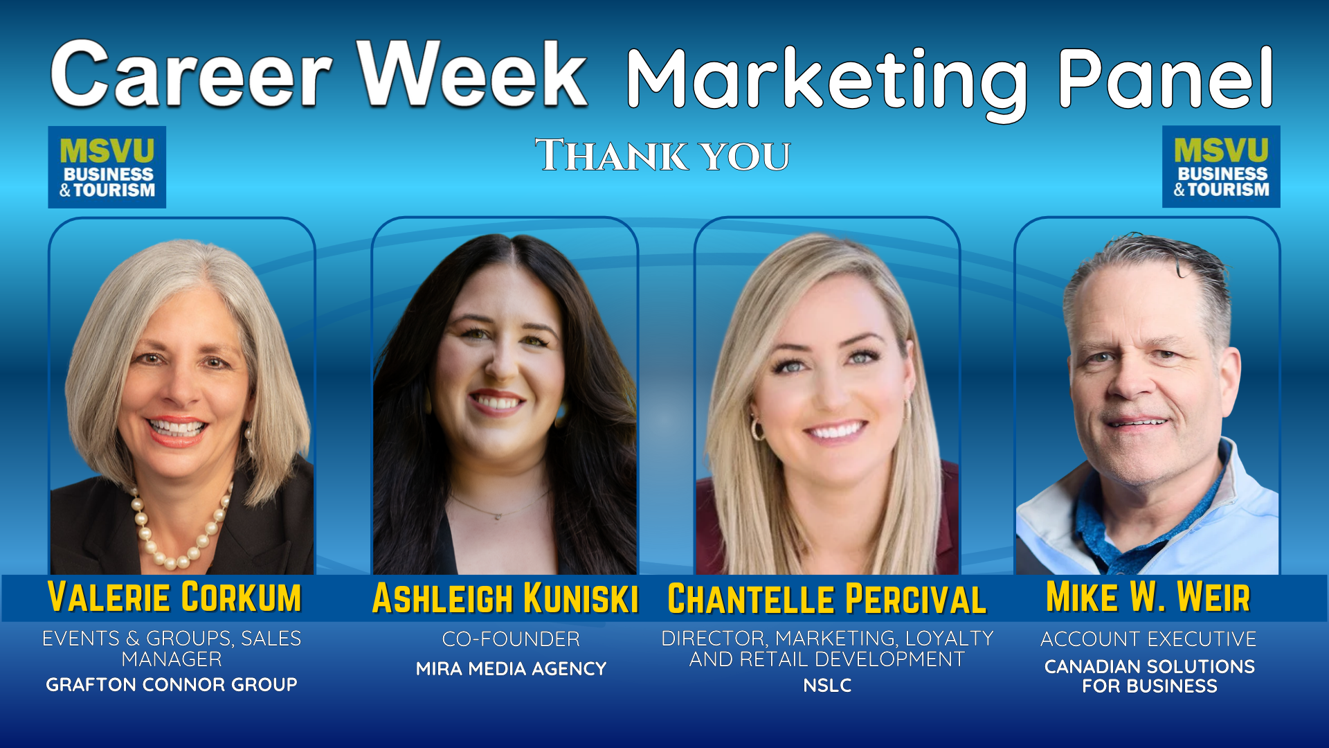 This is decorative. Photo of all 4 marketing panelists with their head shots, names and titles on a shiny blue background. Their names are in yellow, titles and workplaces in white. Career week accounting finance panel is stated across the top with the business and tourism logo placed on both the left and the right of the words thank you underneath this.