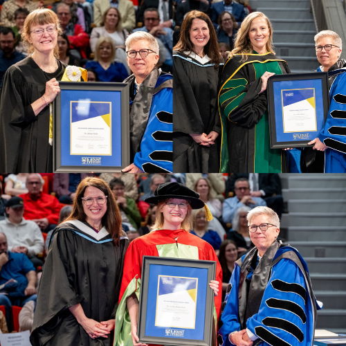 From top-left going clockwise: Dr. Juliette Valcke; Dr. Andrea Fraser; and Dr. Carolyn Birnie-Porter, receiving their Teaching awards at the 2026 Spring Convocation ceremony.