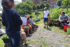 Several Indigenous students working outside in the MSVU community garden