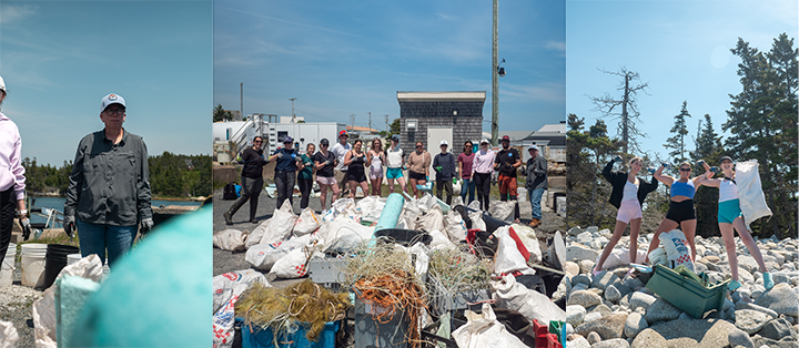From left to right: Dr. Joël Dickinson holding a bucket for garbage collection, a group photo of the participants for the coastal cleanup event, and 3 students posing in front of the garbage they collected