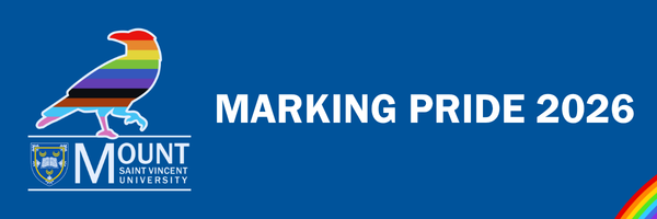 At left a rainbow-striped bird outline above the Mount Saint Vincent University logo and, at right, white text reading “MARKING PRIDE 2026” with a curved rainbow accent in the bottom corner on a blue background
