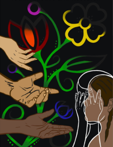 Artwork by Melissa White of Sipekne'katik, featuring a featureless women looking at multiple hands stretched out, with flowers behind her