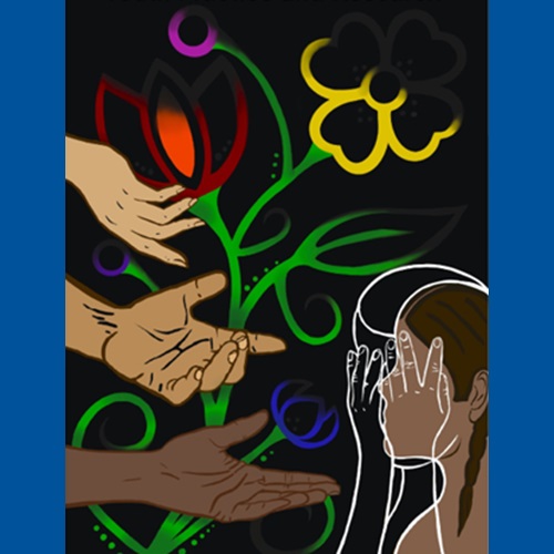 Artwork by Melissa White of Sipekne'katik, featuring a featureless women looking at multiple hands stretched out, with flowers behind her