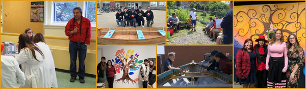 A collage of photos from Two-Eyed Seeing Program events, including students in a science lab, building boats, and in front of art installations